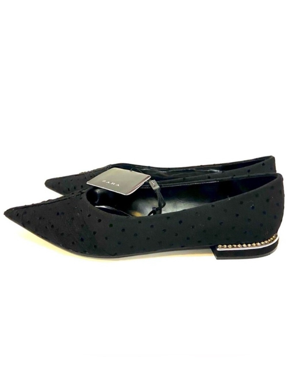 ZARA BlPolka Dot Lace Mesh Flats Pointed Toe Rhinestone Crystal Jewel 36 6